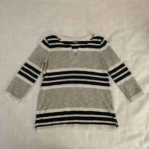 T‎ by Talbots Sz XS Pullover Top Black & White Stripe 3/4 Sleeve Fringe Cotton